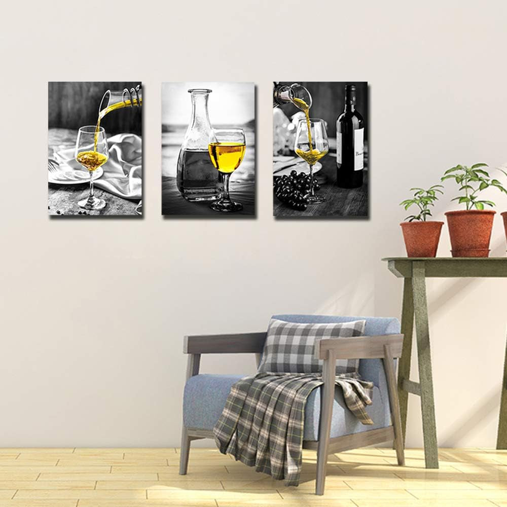 Wine Wall Art – Black & White Canvas with Yellow Wine Accents for Kitchen & Dining Room Decor.