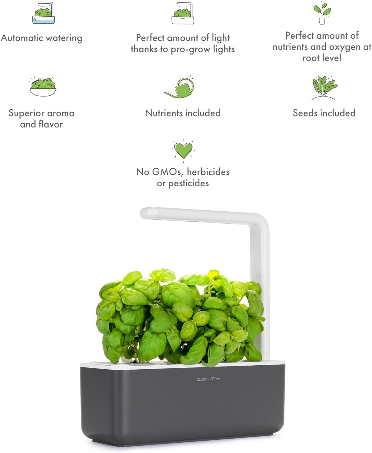 Indoor Herb Garden Kit with Grow Light – Smart Kitchen Planter with 3 Basil Pods (Grey)