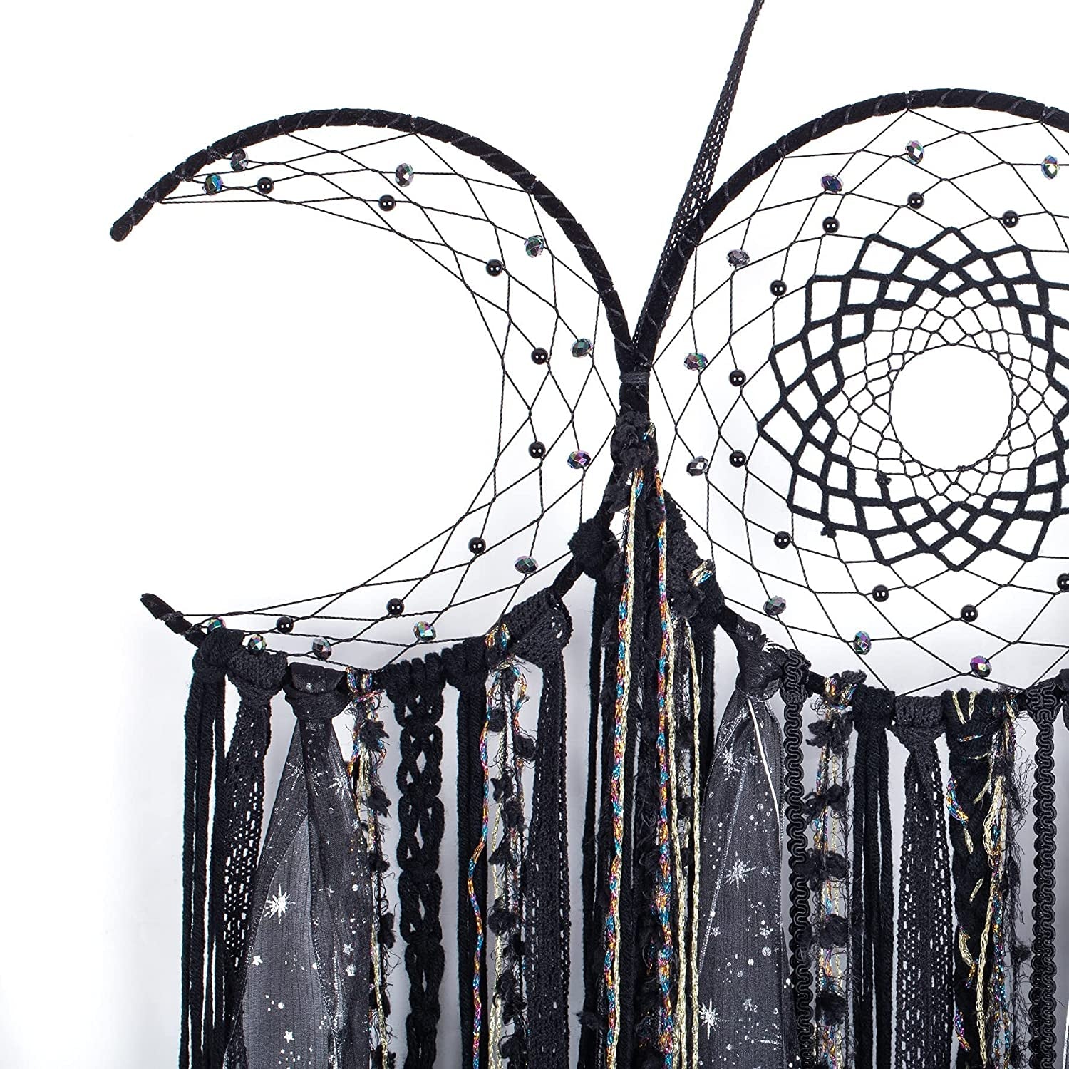 Triple Moon Goddess Macrame Wall Hanging – Wiccan Dreamcatcher Decor, Black.