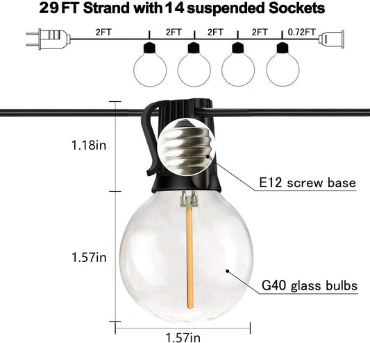 29FT Outdoor Globe String Lights – Waterproof, Shatterproof, 15 Dimmable Bulbs with E12 Base for Patio & Backyard