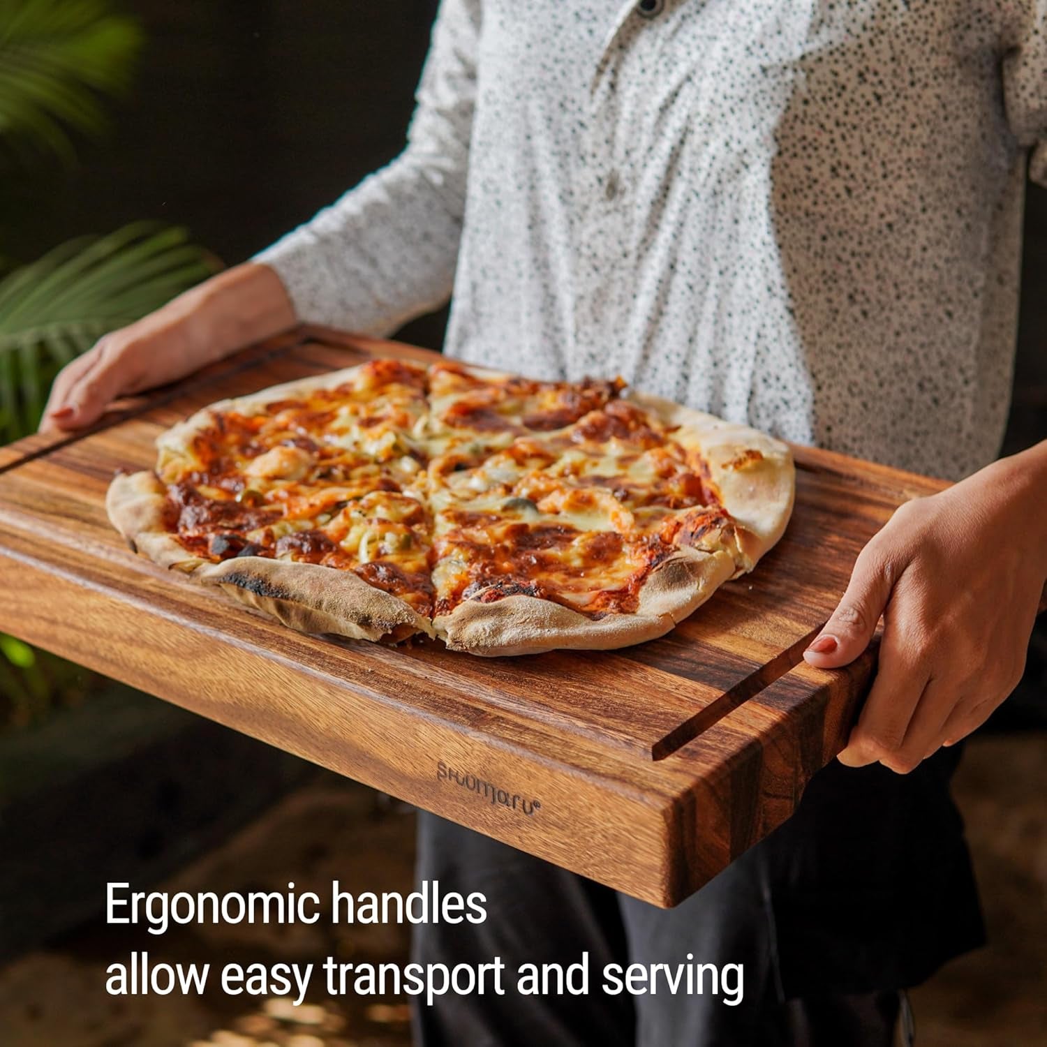 Tropical Walnut Butcher Block – 18.8" x 12.3" x 2" Cutting Board with Juice Groove, Non-Slip Feet & Handles.