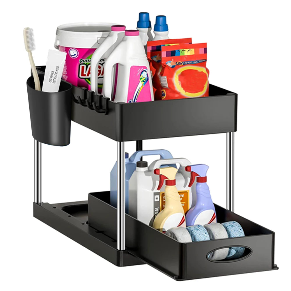 2-Tier Under Sink Organizer – Sliding Cabinet Storage Rack with Hooks & Hanging Cup for Bathroom or Kitchen