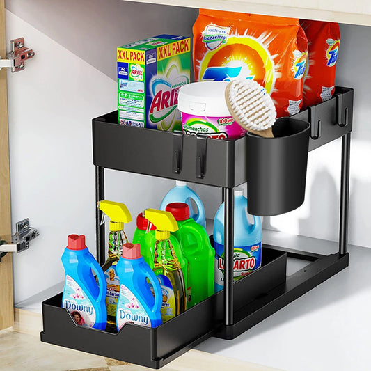 2-Tier Under Sink Organizer – Sliding Cabinet Storage Rack with Hooks & Hanging Cup for Bathroom or Kitchen