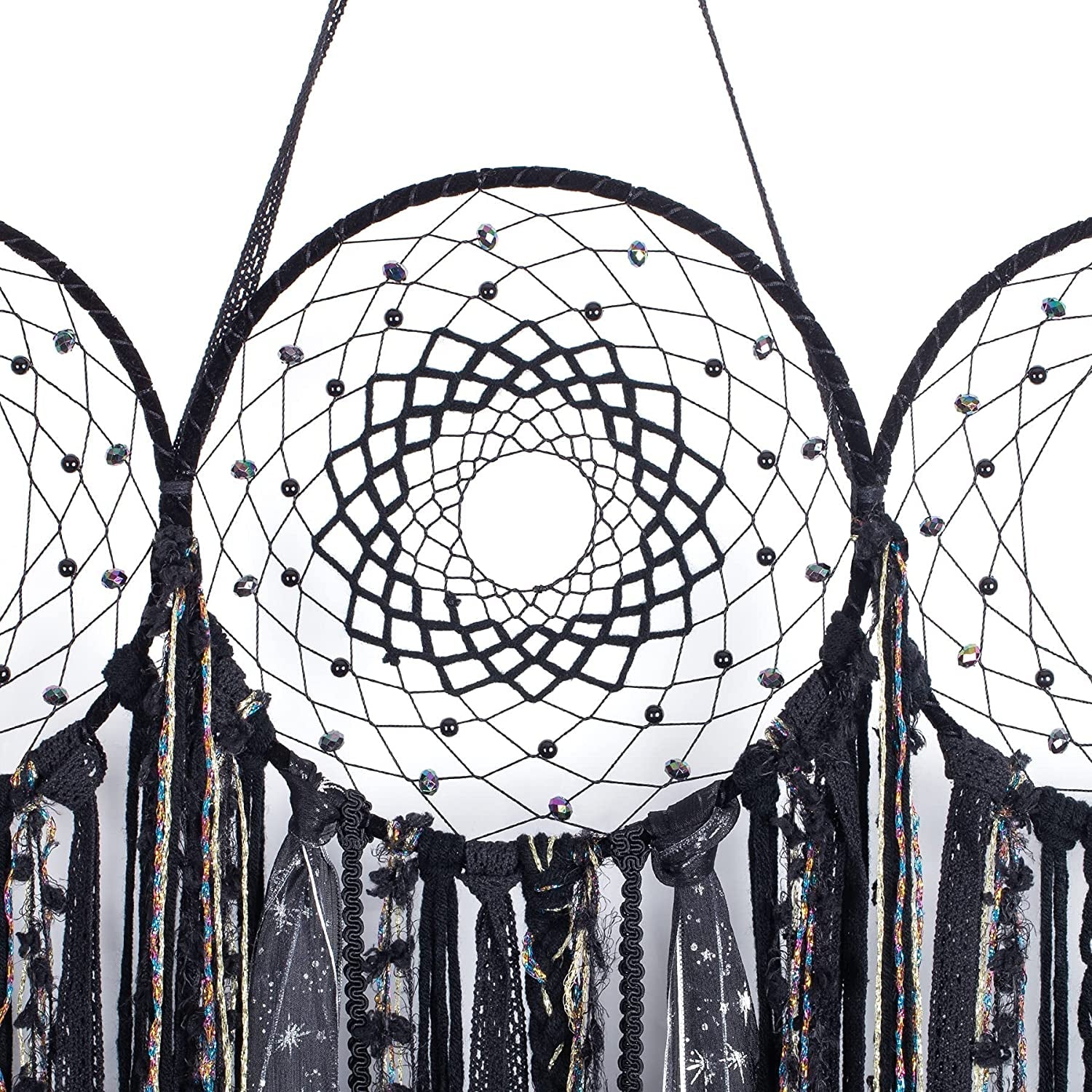 Triple Moon Goddess Macrame Wall Hanging – Wiccan Dreamcatcher Decor, Black.