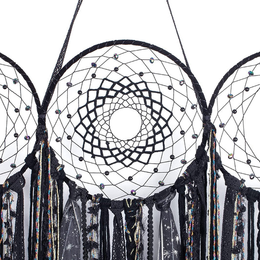 Triple Moon Goddess Macrame Wall Hanging – Wiccan Dreamcatcher Decor, Black.