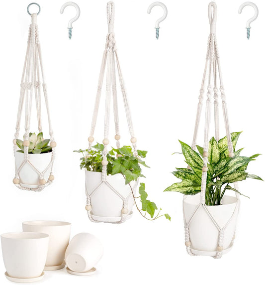 3-Pack Macrame Plant Hangers with Pots – No-Tassel Ivory Set, 3 Sizes (23"/29"/35") with Saucers & Hooks, Indoor Hanging Planters