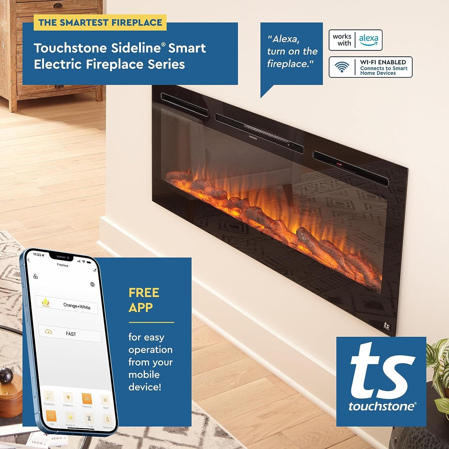 Forte 40" Smart Electric Fireplace – Wi-Fi, Alexa, 1500W Heater, Recessed Design