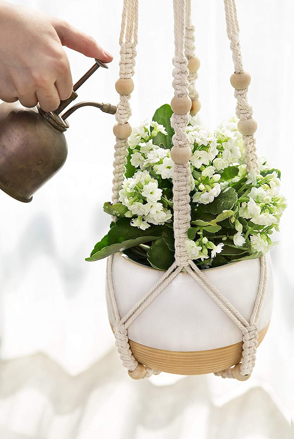 3-Pack Macrame Plant Hangers with Pots – No-Tassel Ivory Set, 3 Sizes (23"/29"/35") with Saucers & Hooks, Indoor Hanging Planters
