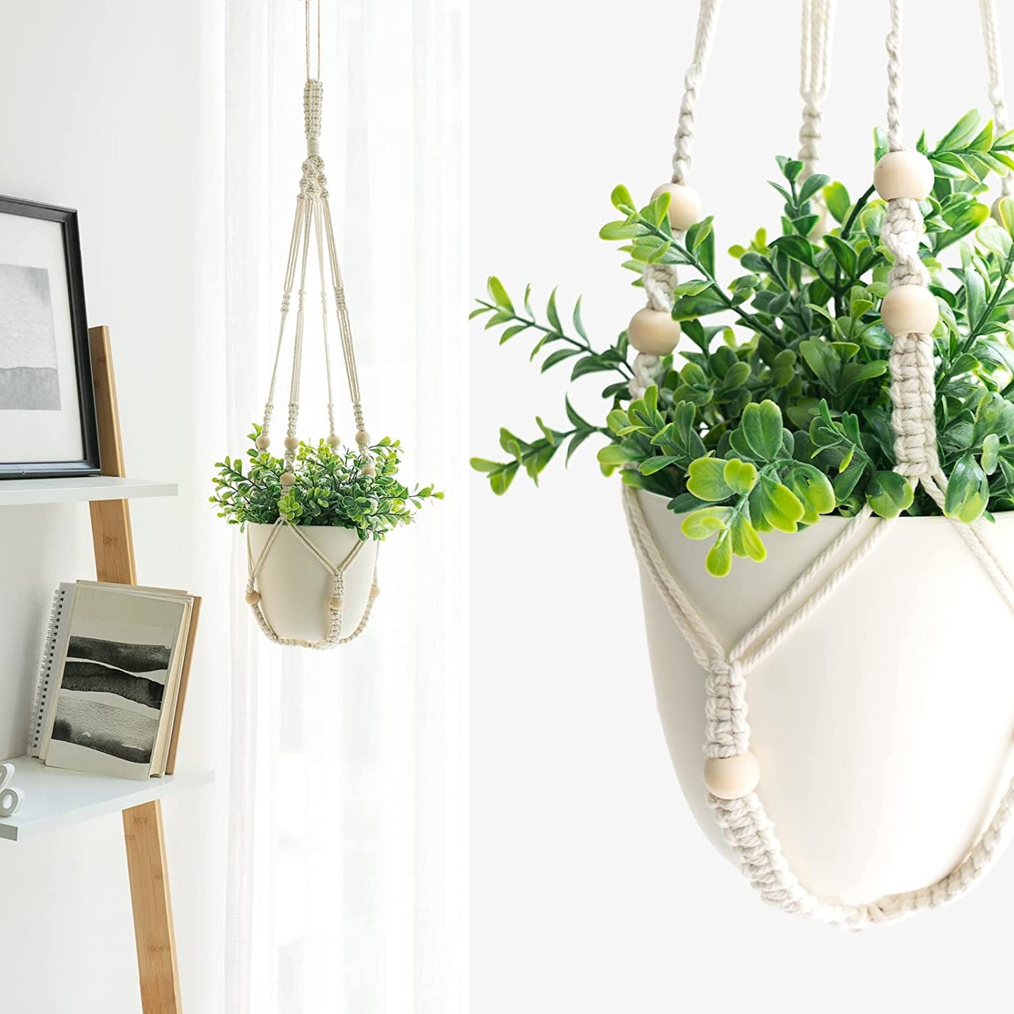 3-Pack Macrame Plant Hangers with Pots – No-Tassel Ivory Set, 3 Sizes (23"/29"/35") with Saucers & Hooks, Indoor Hanging Planters