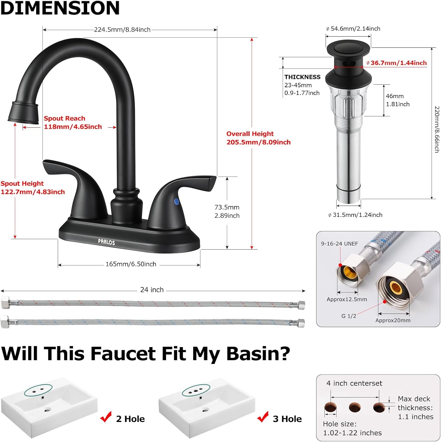 2-Handle Bathroom Faucet – Matte Black, w/ Drain & Supply Lines, NSF cUPC Certified