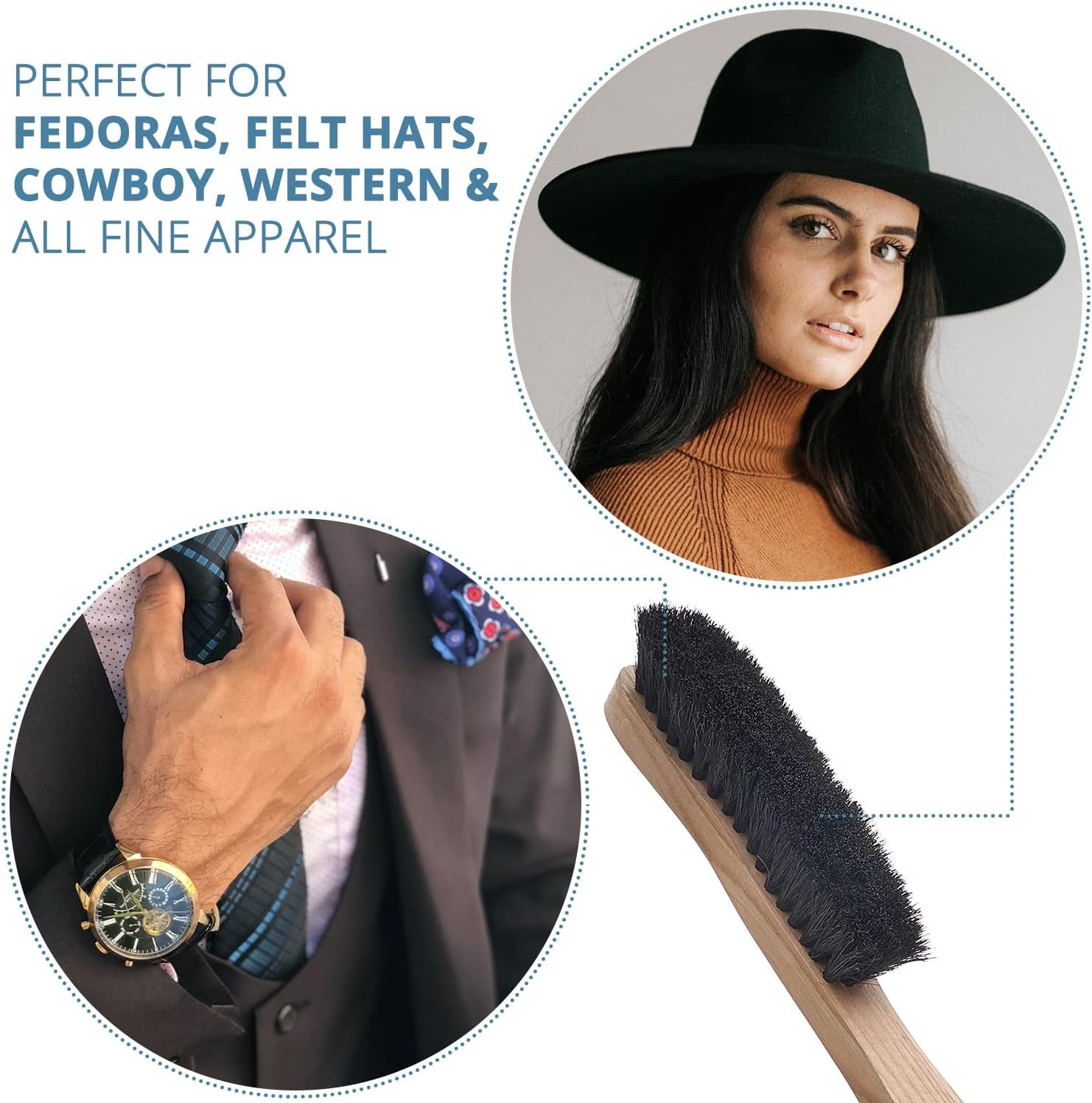 Fedora Hat Brush Lint Remover Duster Brushes for Felt Hats 100% Horse Hair (Black) Wood Brush.