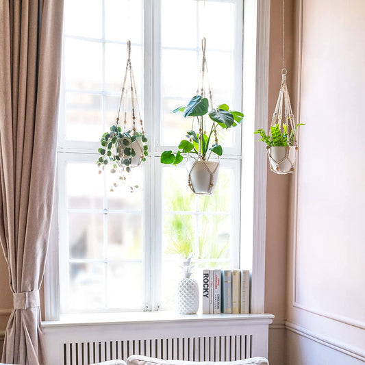 3-Pack Macrame Plant Hangers with Pots – No-Tassel Ivory Set, 3 Sizes (23"/29"/35") with Saucers & Hooks, Indoor Hanging Planters