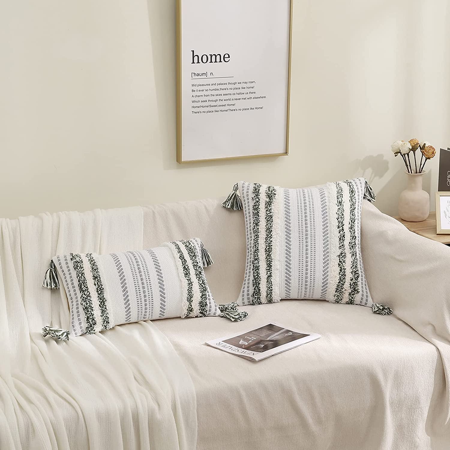 Boho Lumbar Pillow Cover 12x20 – Textured Tufted Striped Accent in Green & Cream, Decorative Cushion for Sofa, Bed, or Couch (1-Pack)