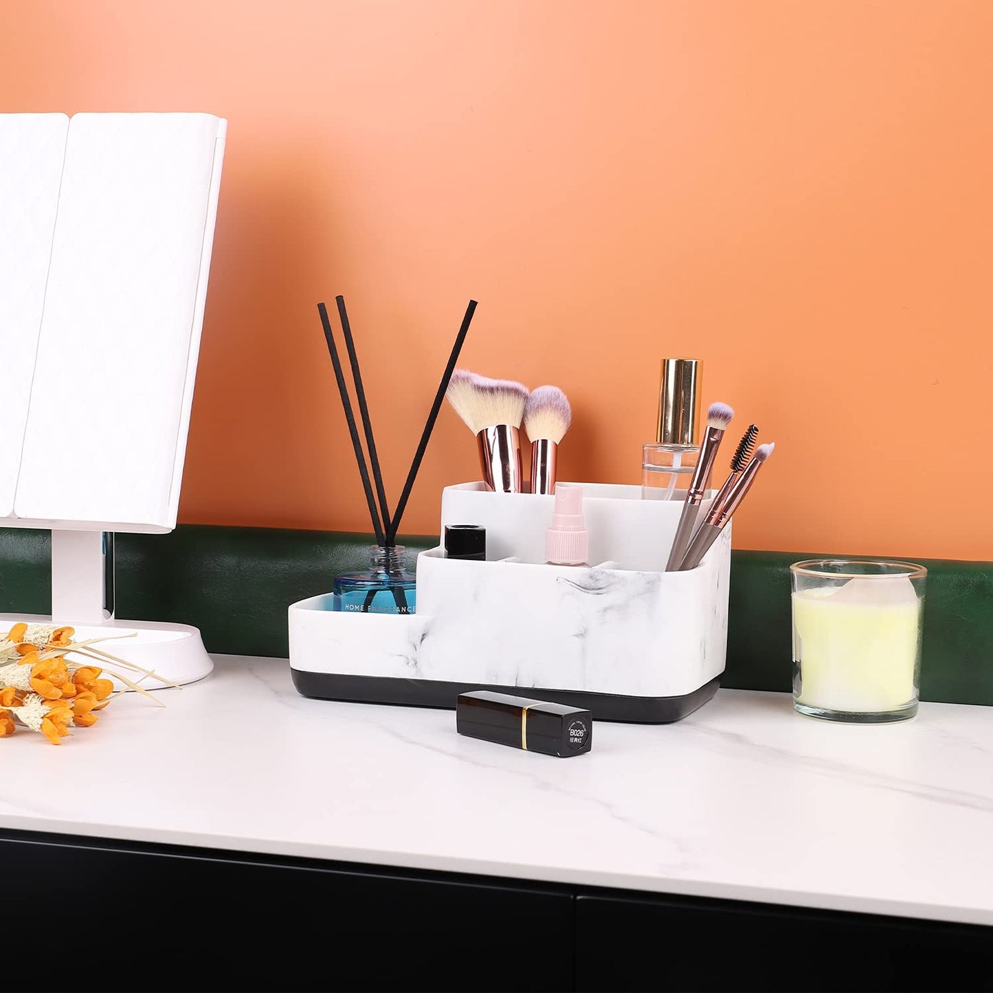 White Marble Toothbrush & Bathroom Organizer – Multi-Functional Countertop Storage.