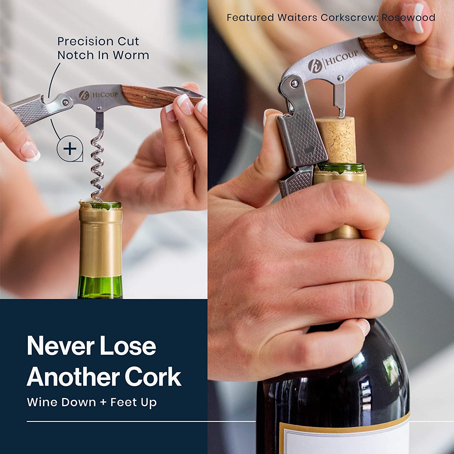 HiCoup Professional Wine Opener – Stainless Steel Corkscrew with Foil Cutter & Bottle Opener, Rosewood Handle.