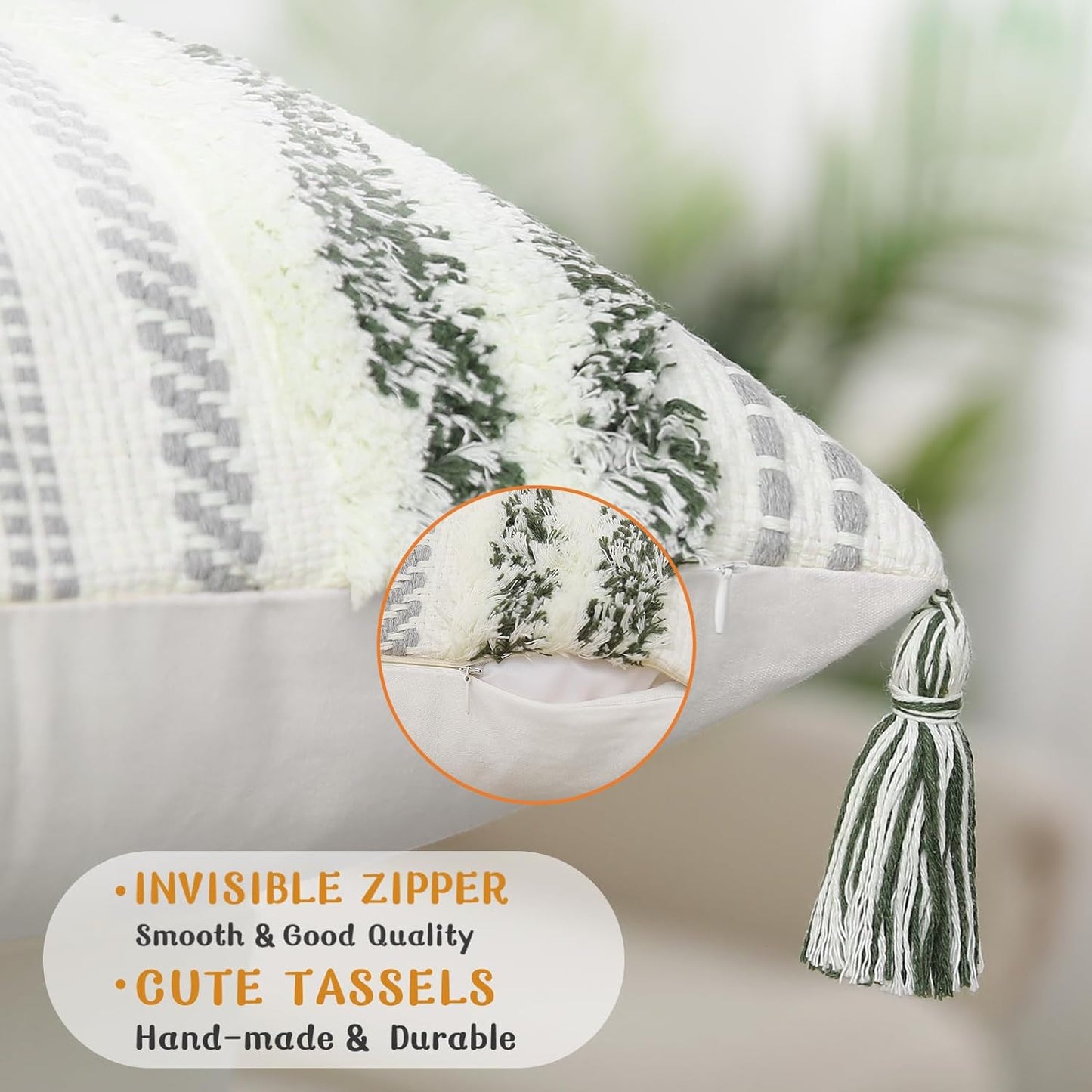 Boho Lumbar Pillow Cover 12x20 – Textured Tufted Striped Accent in Green & Cream, Decorative Cushion for Sofa, Bed, or Couch (1-Pack)
