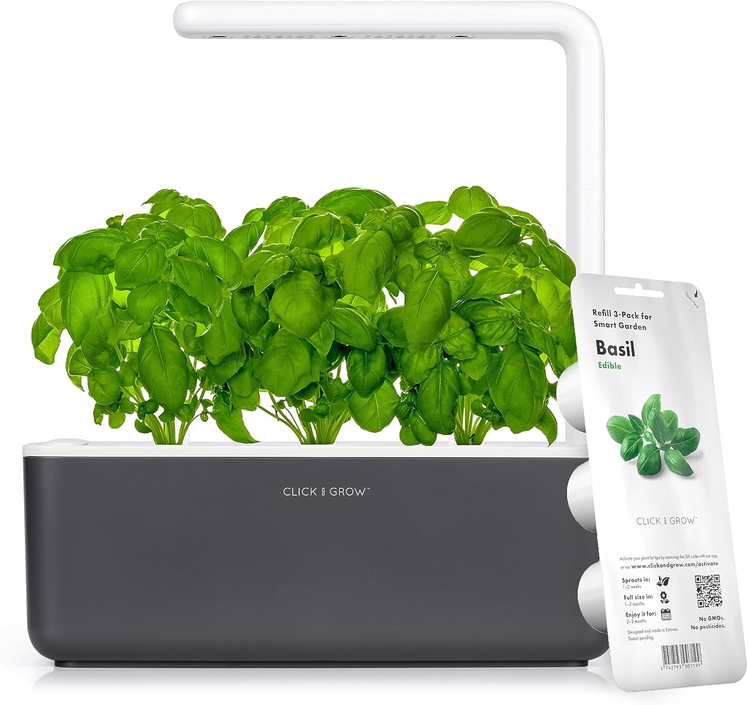 Indoor Herb Garden Kit with Grow Light – Smart Kitchen Planter with 3 Basil Pods (Grey)
