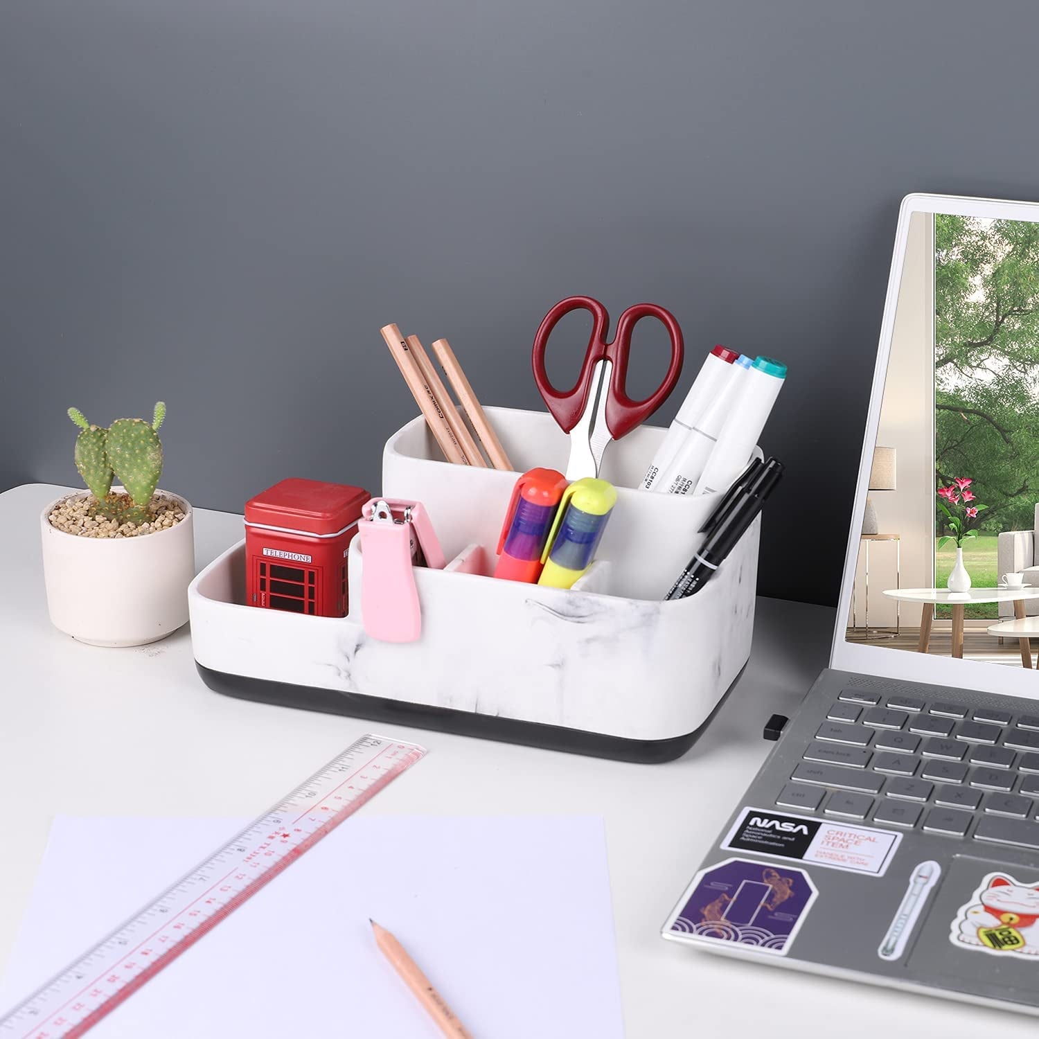 White Marble Toothbrush & Bathroom Organizer – Multi-Functional Countertop Storage.