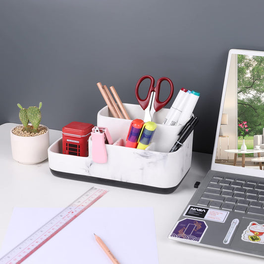 White Marble Toothbrush & Bathroom Organizer – Multi-Functional Countertop Storage.