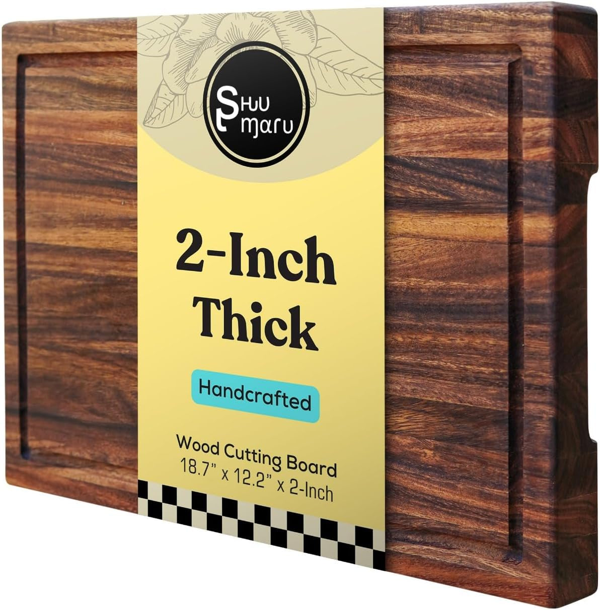 Tropical Walnut Butcher Block – 18.8" x 12.3" x 2" Cutting Board with Juice Groove, Non-Slip Feet & Handles.